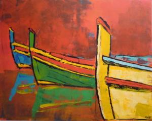 tableau barques catalane, fond rouge